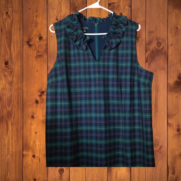 TALBOTS Women's Size 16  Green Tartan Plaid Ruffled Wool Blend Sleeveless Dress - Picture 6 of 8